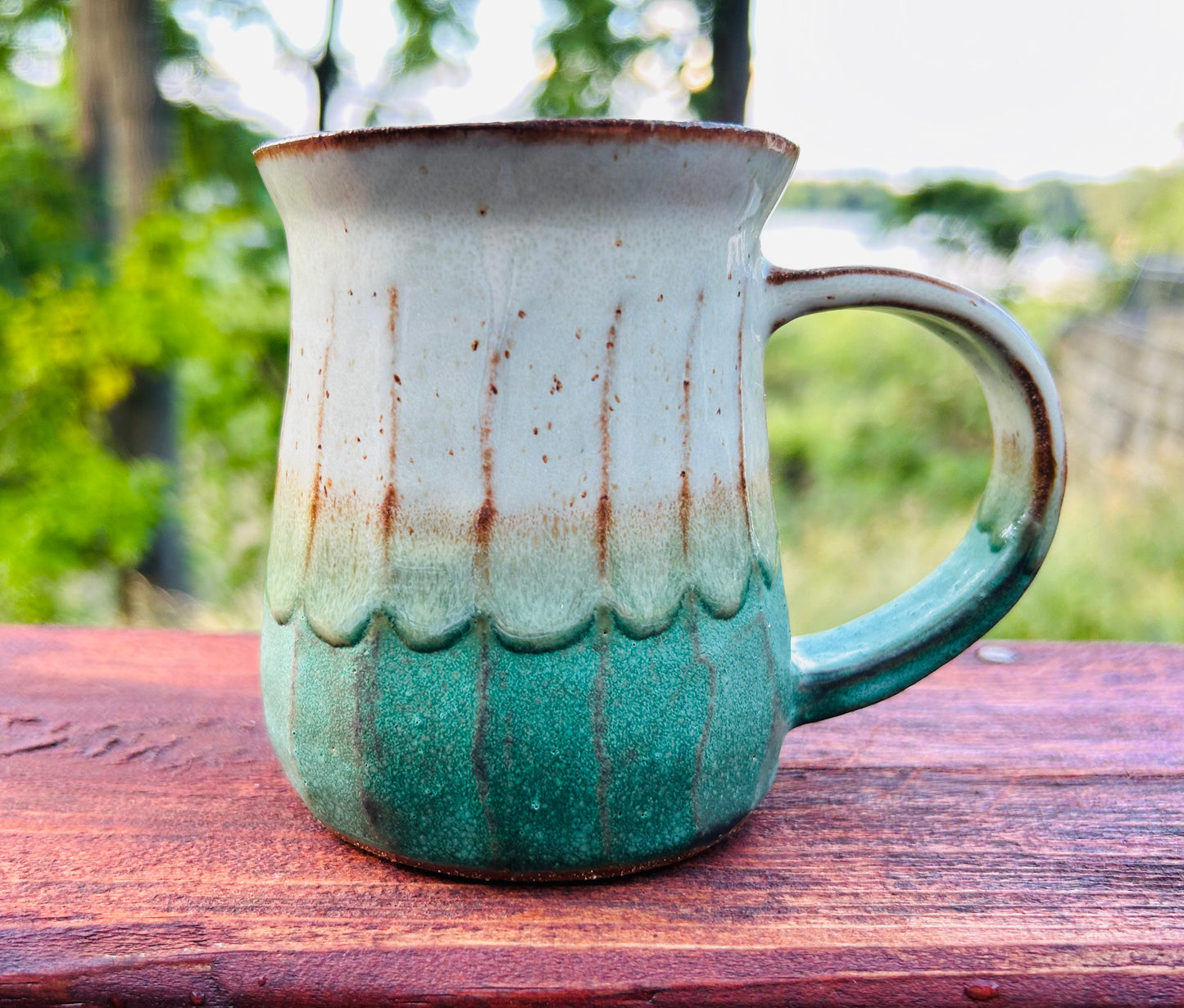 Carved Oatmeal and Green Mug